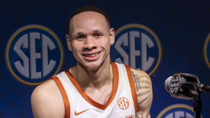 Oct 14, 2025; Birmingham, AL, USA; Texas Longhorns guard Chendall Weaver talks with the media during SEC Media Days at Grand Bohemian Hotel. Mandatory Credit: Vasha Hunt-Imagn Images