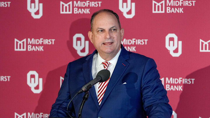 Oklahoma Athletic Director Joe Castiglione speaks during a press conference announcing his retirement at Gaylord Family Oklahoma Memorial Stadium in Norman, Okla., on Tuesday, July 8, 2025.