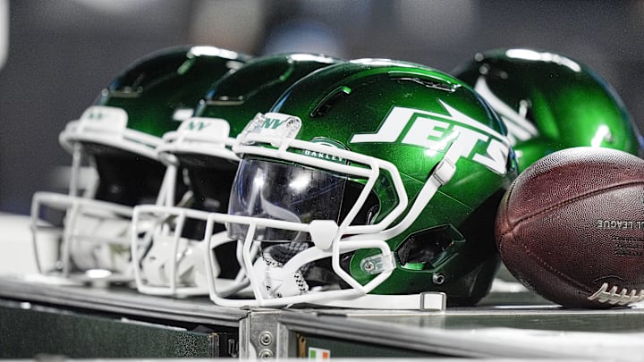 Aug 17, 2024; Charlotte, North Carolina, USA; New York Jets helmets during the second half against the Carolina Panthers at Bank of America Stadium. Mandatory Credit: Jim Dedmon-Imagn Images