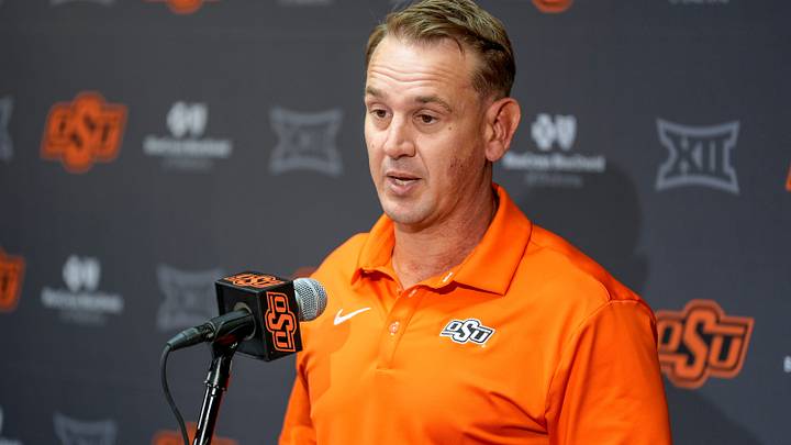 Oklahoma State head coach Eric Morris speaks during OSU Football Media Day in Stillwater, Okla., on Saturday, Aug. 8, 2026. Oklahoma State head coach Eric Morris speaks during OSU Football Media Day in Stillwater, Okla., on Saturday, Aug. 8, 2026.