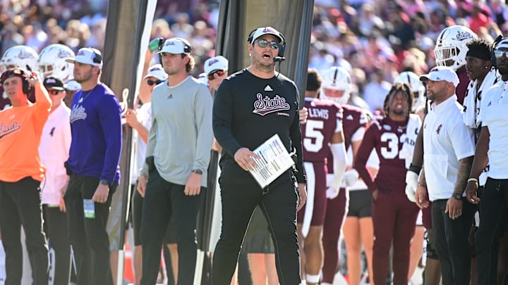 Oct 19, 2024; Starkville, Mississippi, USA;Mississippi State Bulldogs head coach Jeff Lebby walks down the sideline during the first quarter against the Texas A&M Aggies at Davis Wade Stadium at Scott Field. Mandatory Credit: Matt Bush-Imagn Images