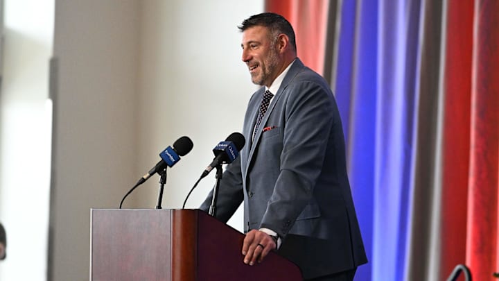 Jan 13, 2025; Foxborough, MA, USA; Mike Vrabel addresses media at a press conference to announce his hiring as the New England Patriots head coach at Gillette Stadium. Mandatory Credit: Eric Canha-Imagn Images