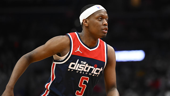 Feb 10, 2022; Washington, District of Columbia, USA; Washington Wizards guard Cassius Winston (5) on the court against the Brooklyn Nets during the first half at Capital One Arena. Mandatory Credit: Brad Mills-Imagn Images