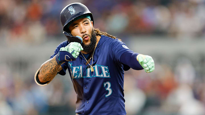 Seattle Mariners shortstop J.P. Crawford celebrates after hitting a triple against the Texas Rangers on Sept. 21 at Globe Life Field. Seattle Mariners shortstop J.P. Crawford celebrates after hitting a triple against the Texas Rangers on Sept. 21 at Globe Life Field.