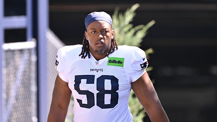 Jul 28, 2025; Foxborough, MA, USA; New England Patriots center Jared Wilson (58) heads to the practice fields for training camp at Gillette Stadium. Mandatory Credit: Eric Canha-Imagn Images