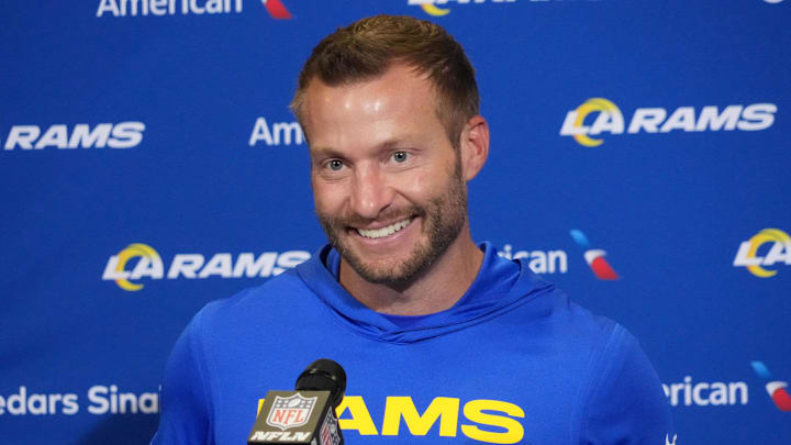 Oct 19, 2025; London, United Kingdom; Los Angeles Rams head coach Sean McVay at a press conference after a NFL International Series game against the Jacksonville Jaguars at Wembley Stadium. Mandatory Credit: Kirby Lee-Imagn Images Oct 19, 2025; London, United Kingdom; Los Angeles Rams head coach Sean McVay at a press conference after a NFL International Series game against the Jacksonville Jaguars at Wembley Stadium. Mandatory Credit: Kirby Lee-Imagn Images