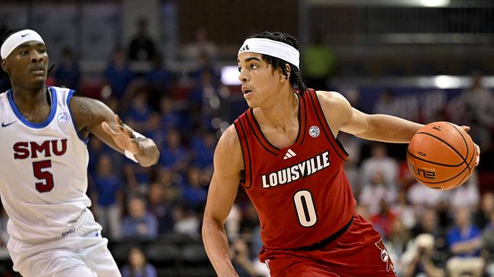 Feb 17, 2026; Dallas, Texas, USA; Louisville Cardinals guard Mikel Brown Jr. (0) brings the ball up court against the SMU Mustangs during the first half at Moody Coliseum. Mandatory Credit: Jerome Miron-Imagn Images Feb 17, 2026; Dallas, Texas, USA; Louisville Cardinals guard Mikel Brown Jr. (0) brings the ball up court against the SMU Mustangs during the first half at Moody Coliseum. Mandatory Credit: Jerome Miron-Imagn Images
