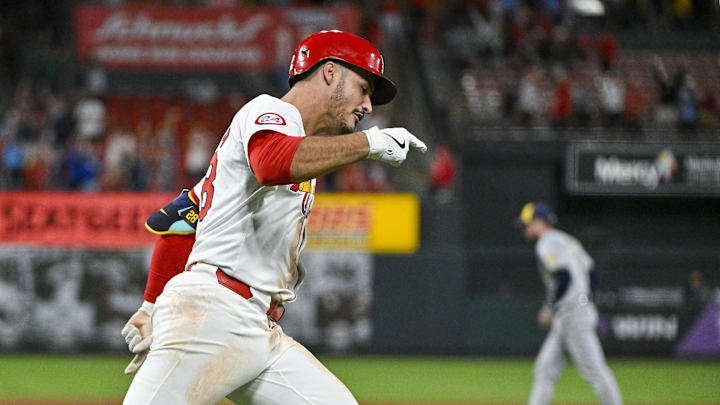 Aug 21, 2024; St. Louis, Missouri, USA; St. Louis Cardinals third baseman Nolan Arenado (28) reacts after hitting a walk-off grand slam against the Milwaukee Brewers during the tenth inning at Busch Stadium. Mandatory Credit: Jeff Curry-Imagn Images Aug 21, 2024; St. Louis, Missouri, USA; St. Louis Cardinals third baseman Nolan Arenado (28) reacts after hitting a walk-off grand slam against the Milwaukee Brewers during the tenth inning at Busch Stadium. Mandatory Credit: Jeff Curry-Imagn Images