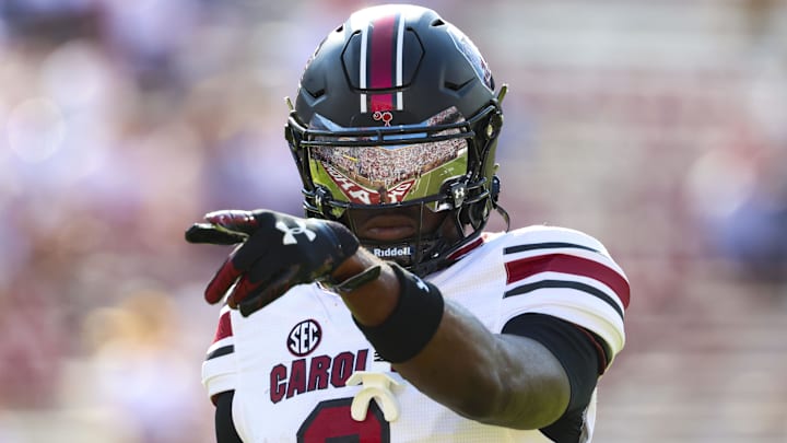 Oct 19, 2024; Norman, Oklahoma, USA;  South Carolina Gamecocks wide receiver Nyck Harbor (8) reacts before the game against the Oklahoma Sooners at Gaylord Family-Oklahoma Memorial Stadium. Mandatory Credit: Kevin Jairaj-Imagn Images