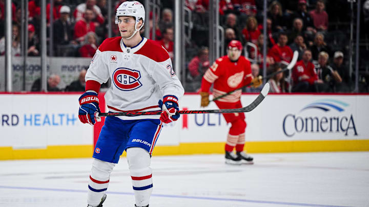 Mar 19, 2026; Detroit, Michigan, USA; Montreal Canadiens left wing Juraj Slafkovsky (20) skates during the third period against the Detroit Red Wings at Little Caesars Arena. Mandatory Credit: Tim Fuller-Imagn Images