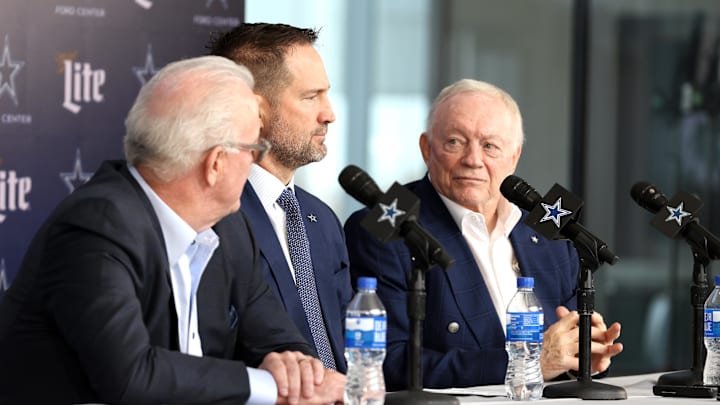 Dallas Cowboys CEO Stephen Jones, head coach Brian Schottenheimer and owner Jerry Jones speak to the media at a press conference at the Star. Dallas Cowboys CEO Stephen Jones, head coach Brian Schottenheimer and owner Jerry Jones speak to the media at a press conference at the Star.