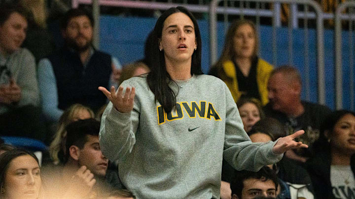 Former Iowa women's basketball player Caitlin Clark reacts after a foul call on Iowa during the Drake vs. Iowa basketball game at Knapp Center on Sunday, Nov. 17, 2024, in Des Moines. Former Iowa women's basketball player Caitlin Clark reacts after a foul call on Iowa during the Drake vs. Iowa basketball game at Knapp Center on Sunday, Nov. 17, 2024, in Des Moines.