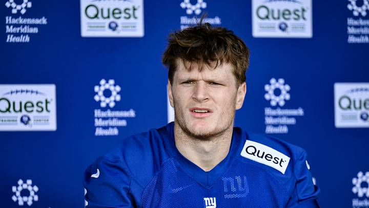 May 10, 2025; East Rutherford, NJ, USA; New York Giants tight end Thomas Fidone II (86) speaks during a press conference after rookie minicamp at Quest Diagnostics Training Center. Mandatory Credit: John Jones-Imagn Images May 10, 2025; East Rutherford, NJ, USA; New York Giants tight end Thomas Fidone II (86) speaks during a press conference after rookie minicamp at Quest Diagnostics Training Center. Mandatory Credit: John Jones-Imagn Images