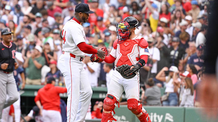 Sep 1, 2025; Boston, Massachusetts, USA; Boston Red Sox relief pitcher Aroldis Chapman (44) and catcher Connor Wong (12) celebrate beating the Cleveland Guardians at Fenway Park. Mandatory Credit: Eric Canha-Imagn Images Sep 1, 2025; Boston, Massachusetts, USA; Boston Red Sox relief pitcher Aroldis Chapman (44) and catcher Connor Wong (12) celebrate beating the Cleveland Guardians at Fenway Park. Mandatory Credit: Eric Canha-Imagn Images