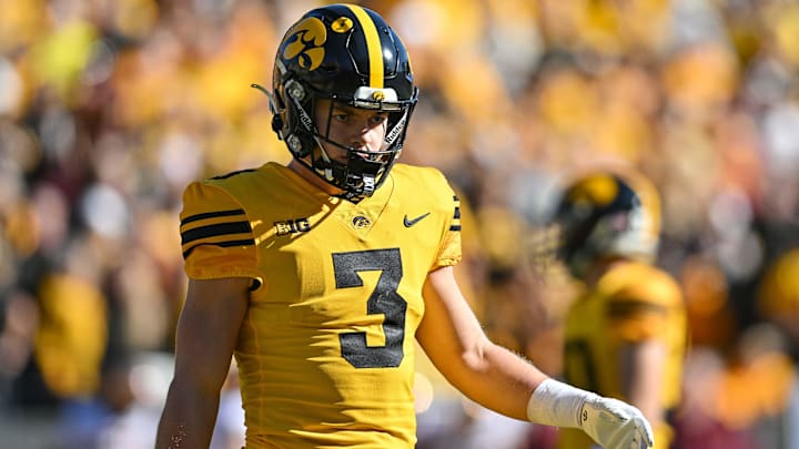 Oct 21, 2023; Iowa City, Iowa, USA; Iowa Hawkeyes defensive back Cooper DeJean (3) looks on during Oct 21, 2023; Iowa City, Iowa, USA; Iowa Hawkeyes defensive back Cooper DeJean (3) looks on during