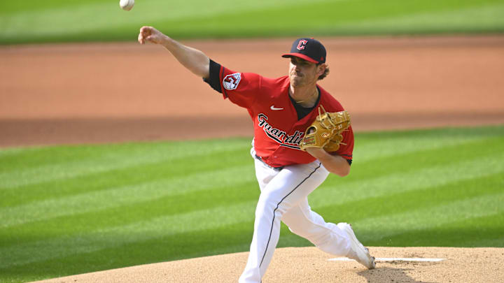 Apr 22, 2023; Cleveland, Ohio, USA; Cleveland Guardians starting pitcher Shane Bieber (57) delivers a pitch in the first inning against the Miami Marlins at Progressive Field. Mandatory Credit: David Richard-Imagn Images
