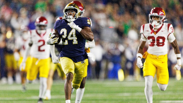 Notre Dame running back Jadarian Price (24) returns a kick for a touchdown in the second half of a NCAA football game against Southern California at Notre Dame Stadium on Saturday, Oct. 18, 2025, in South Bend. Notre Dame running back Jadarian Price (24) returns a kick for a touchdown in the second half of a NCAA football game against Southern California at Notre Dame Stadium on Saturday, Oct. 18, 2025, in South Bend.