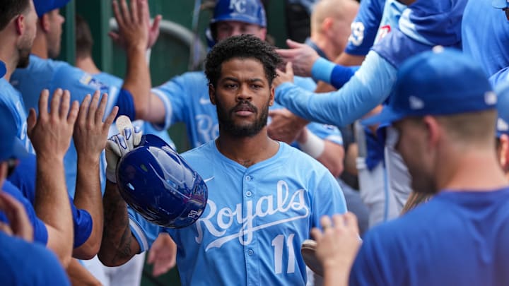 Sep 21, 2025; Kansas City, Missouri, USA; Kansas City Royals third baseman Maikel Garcia (11) celebrates against the Toronto Blue Jays after scoring during the fourth inning at Kauffman Stadium. Mandatory Credit: Denny Medley-Imagn Images