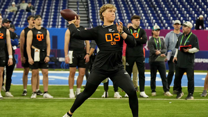 Mar 1, 2025; Indianapolis, IN, USA; Mississippi quarterback Jaxson Dart (QB03) during the 2025 NFL Combine at Lucas Oil Stadium. Mandatory Credit: Kirby Lee-Imagn Images