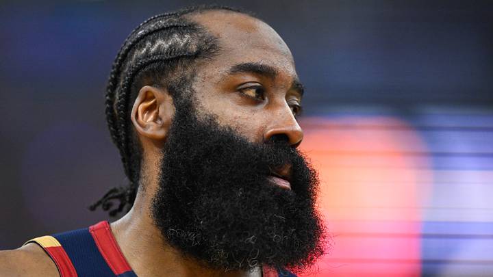 May 23, 2026; Cleveland, Ohio, USA; Cleveland Cavaliers guard James Harden (1) looks on in the third quarter against the New York Knicks  during game three of the eastern conference finals for the 2026 NBA playoffs at Rocket Arena. Mandatory Credit: David Richard-Imagn Images