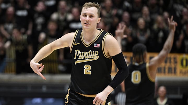 Purdue Boilermakers guard Fletcher Loyer (2) celebrates a three-point basket.