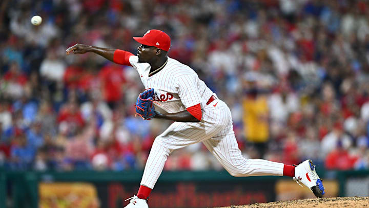 Aug 12, 2023; Philadelphia, Pennsylvania, USA; Philadelphia Phillies relief pitcher Yunior Marte (43) throws a pitch against the Minnesota Twins in the seventh inning at Citizens Bank Park. Mandatory Credit: Kyle Ross-Imagn Images