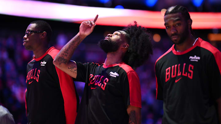 Apr 13, 2025; Philadelphia, Pennsylvania, USA; Chicago Bulls guard Coby White (0) reacts during the national anthem before the game against the Philadelphia 76ers at Wells Fargo Center. Mandatory Credit: Kyle Ross-Imagn Images Apr 13, 2025; Philadelphia, Pennsylvania, USA; Chicago Bulls guard Coby White (0) reacts during the national anthem before the game against the Philadelphia 76ers at Wells Fargo Center. Mandatory Credit: Kyle Ross-Imagn Images
