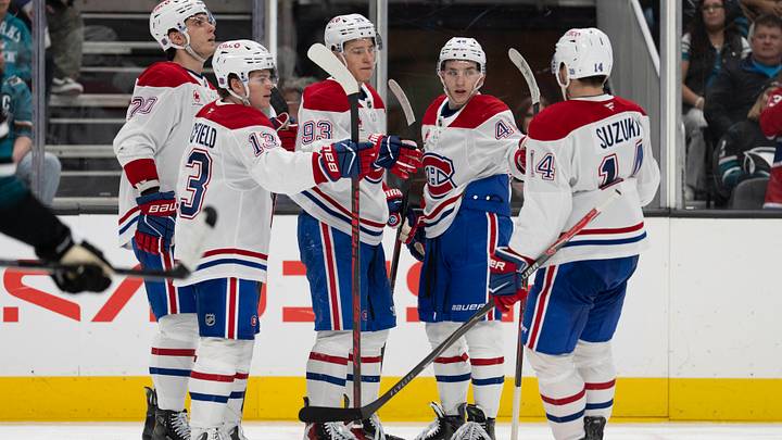 Mar 3, 2026; San Jose, California, USA;  Montreal Canadiens right wing Cole Caufield (13) , left wing Juraj Slafkovský (20) , right wing Ivan Demidov (93) defenseman Lane Hutson (48) and center Nick Suzuki (14) celebrate after scoring a goal during the third period against the San Jose Sharks at SAP Center at San Jose. Mandatory Credit: Stan Szeto-Imagn Images