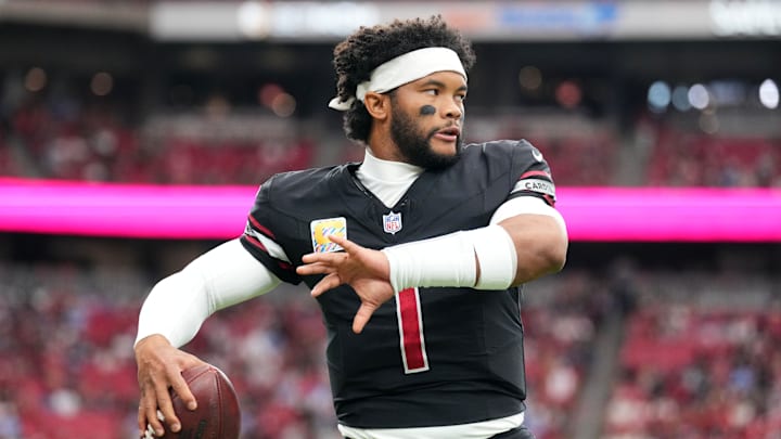 Arizona Cardinals quarterback Kyler Murray (1) warms up before their game against the Tennessee Titans at State Farm Stadium. Arizona Cardinals quarterback Kyler Murray (1) warms up before their game against the Tennessee Titans at State Farm Stadium.
