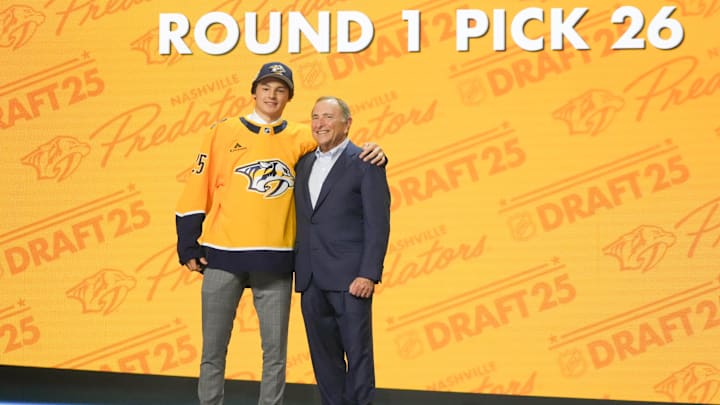 Jun 27, 2025; Los Angeles, California, USA; Ryker Lee is selected as the 26th overall pick to the Nashville Predators in the first round of the 2025 NHL Draft at Peacock Theater. Mandatory Credit: Kirby Lee-Imagn Images