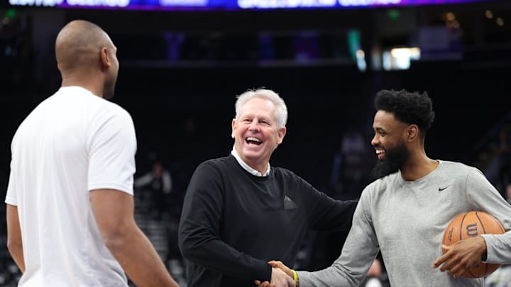 Mar 21, 2025; Salt Lake City, Utah, USA; Utah Jazz CEO Danny Ainge (center) greets Boston Celtics center Al Horford (left) and Celtics assistant coach Tony Dobbins (right) before a game between the Utah Jazz and the Boston Celtics at Delta Center. Mandatory Credit: Rob Gray-Imagn Images