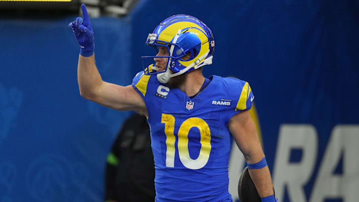 Dec 17, 2023; Inglewood, California, USA; Los Angeles Rams wide receiver Cooper Kupp (10) celebrates after a touchdown in the third quarter against the Washington Commanders at SoFi Stadium. Mandatory Credit: Kirby Lee-Imagn Images
