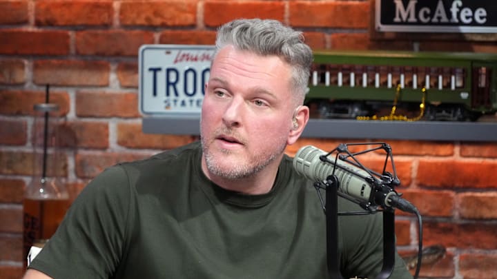 Feb 7, 2025; New Orleans, LA, USA; Pat McAfee on the Pat McAfee Show set on Radio Row at the Super Bowl LIX media center. Mandatory Credit: Kirby Lee-Imagn Images