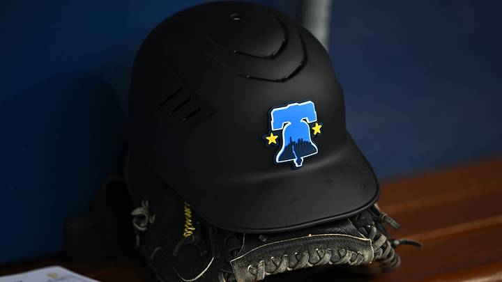 Apr 12, 2024; Philadelphia, Pennsylvania, USA; A view of the helmet of Philadelphia Phillies catcher J.T. Realmuto (10) displaying the City Connect logo before the game against the Pittsburgh Pirates at Citizens Bank Park. Mandatory Credit: Kyle Ross-USA TODAY Sports Apr 12, 2024; Philadelphia, Pennsylvania, USA; A view of the helmet of Philadelphia Phillies catcher J.T. Realmuto (10) displaying the City Connect logo before the game against the Pittsburgh Pirates at Citizens Bank Park. Mandatory Credit: Kyle Ross-USA TODAY Sports