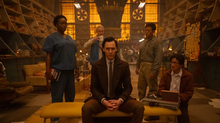 (L-R): Wunmi Mosaku as Hunter B-15, Owen Wilson as Mobius, Tom Hiddleston as Loki, Eugene Cordero as Casey, and Ke Huy Quan as O.B. in Marvel Studios' LOKI, Season 2, exclusively on Disney+. Photo by Gareth Gatrell. © 2023 MARVEL.