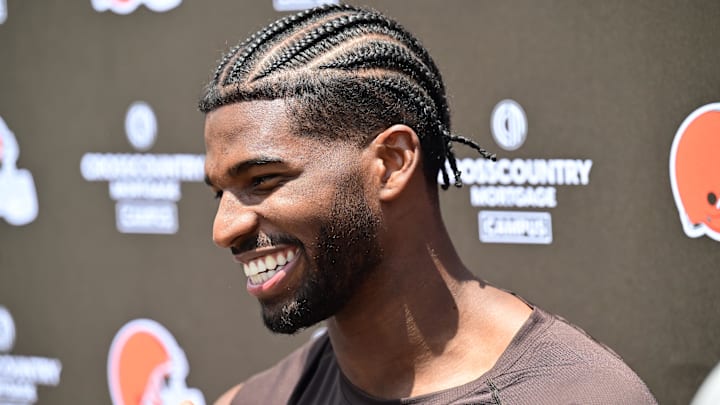 Jun 10, 2025; Berea, OH, USA; Cleveland Browns quarterback Shedeur Sanders (12) talk to the media during minicamp at CrossCountry Mortgage Campus. Mandatory Credit: Ken Blaze-Imagn Images Jun 10, 2025; Berea, OH, USA; Cleveland Browns quarterback Shedeur Sanders (12) talk to the media during minicamp at CrossCountry Mortgage Campus. Mandatory Credit: Ken Blaze-Imagn Images