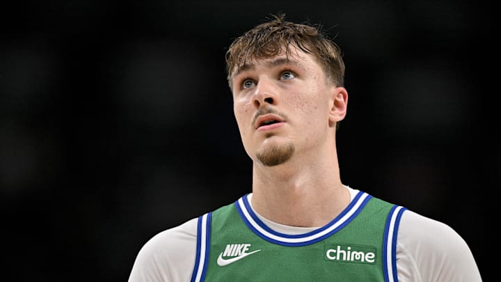 Oct 26, 2025; Dallas, Texas, USA; Dallas Mavericks forward Cooper Flagg (32) looks on during the second half against the Toronto Raptors at the American Airlines Center. Mandatory Credit: Jerome Miron-Imagn Images