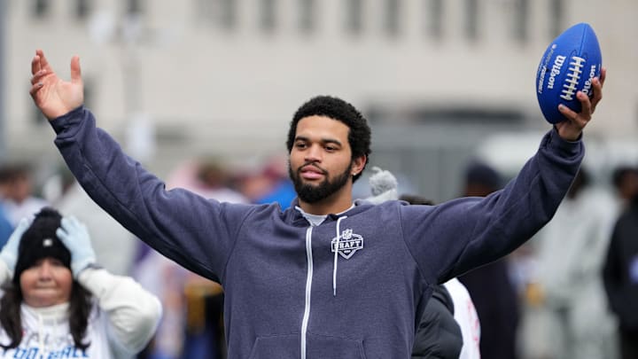 Apr 24, 2024; Detroit, MI, USA; Southern California Trojans quarterback Caleb Williams reacts at the