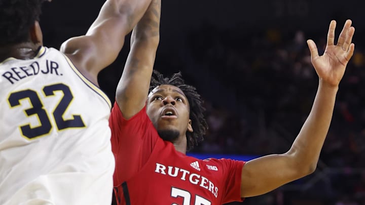 Feb 3, 2024; Ann Arbor, Michigan, USA;  Rutgers Scarlet Knights guard Jeremiah Williams (25) shoots
