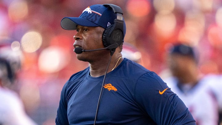 August 19, 2023; Santa Clara, California, USA; Denver Broncos defensive coordinator Vance Joseph during the second quarter against the San Francisco 49ers at Levi's Stadium. Mandatory Credit: Kyle Terada-Imagn Images