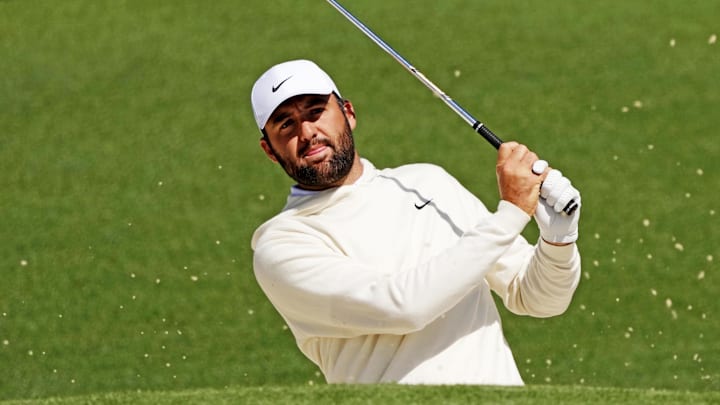 Scheffler plays on the second fairway during a practice round for the Masters.