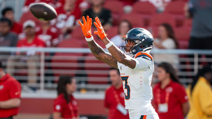 August 9, 2025; Santa Clara, California, USA; Denver Broncos wide receiver Pat Bryant (13) before the game against the San Francisco 49ers at Levi's Stadium. Mandatory Credit: Kyle Terada-Imagn Images