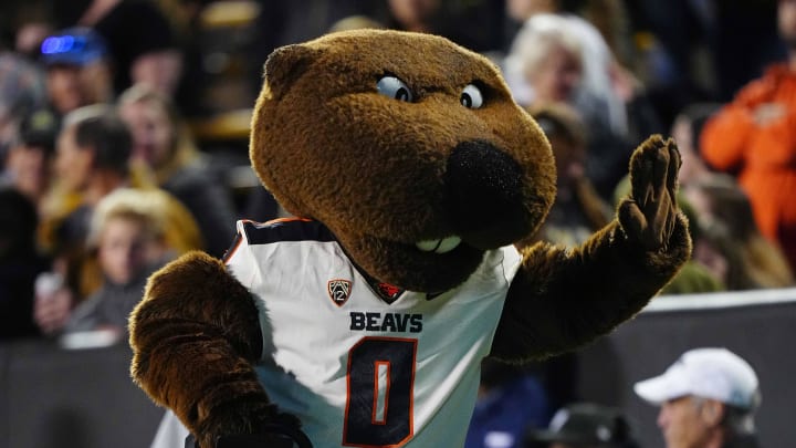 Nov 6, 2021; Boulder, Colorado, USA;  Oregon State Beavers mascot Benny Beaver during the game against the Colorado Buffaloes at Folsom Field. Mandatory Credit: Ron Chenoy-USA TODAY Sports