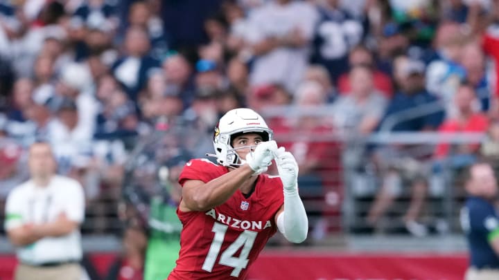 Sep 24, 2023; Glendale, Arizona, USA; Arizona Cardinals wide receiver Michael Wilson (14) makes a catch against the Dallas Cowboys during the second half at State Farm Stadium. Mandatory Credit: Joe Camporeale-USA TODAY Sports Sep 24, 2023; Glendale, Arizona, USA; Arizona Cardinals wide receiver Michael Wilson (14) makes a catch against the Dallas Cowboys during the second half at State Farm Stadium. Mandatory Credit: Joe Camporeale-USA TODAY Sports