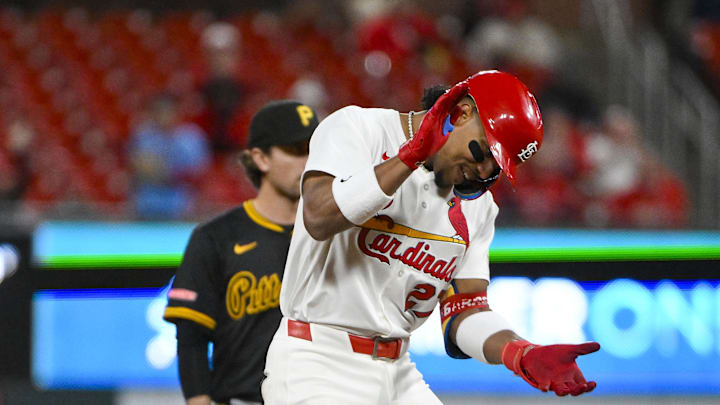 May 5, 2025; St. Louis, Missouri, USA;  St. Louis Cardinals shortstop Jose Barrero (27) reacts after hitting a two run double against the Pittsburgh Pirates during the sixth inning at Busch Stadium. Mandatory Credit: Jeff Curry-Imagn Images