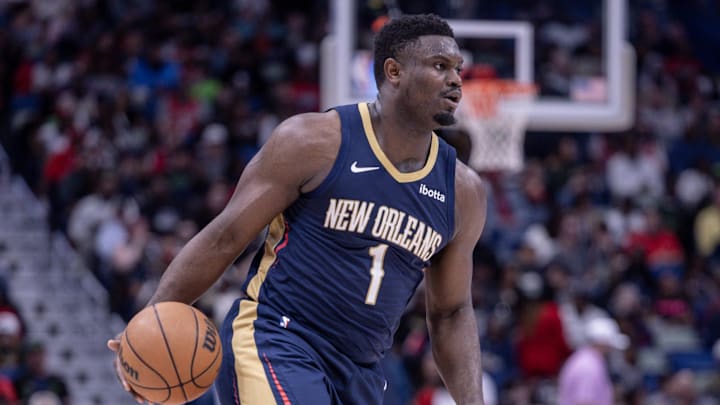 Mar 13, 2024; New Orleans, Louisiana, USA; New Orleans Pelicans forward Zion Williamson (1) dribbles the ball. 