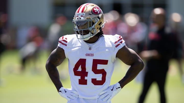 May 9, 2025; Santa Clara, CA, USA; San Francisco 49ers third-round draft pick Nick Martin (45) works out with his teammates during the teamís rookie minicamp. Mandatory Credit: D. Ross Cameron-Imagn Images May 9, 2025; Santa Clara, CA, USA; San Francisco 49ers third-round draft pick Nick Martin (45) works out with his teammates during the teamís rookie minicamp. Mandatory Credit: D. Ross Cameron-Imagn Images