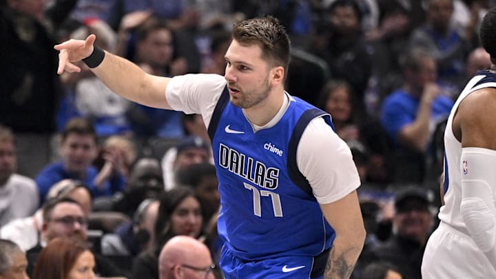 Dec 25, 2024; Dallas, Texas, USA; Dallas Mavericks guard Luka Doncic (77) celebrates during the game between the Dallas Mavericks and the Minnesota Timberwolves at the American Airlines Center. Mandatory Credit: Jerome Miron-Imagn Images