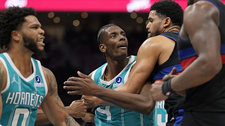 Charlotte Hornets forward Moussa Diabaté (14) and forward Miles Bridges (0) are ejected after a fight