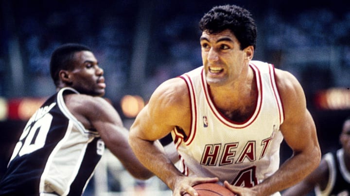 Jan 9, 1990; Miami, FL, USA; FILE PHOTO; Miami Heat center (4) Rony Seikaly in action against the San Antonio Spurs at the Miami Arena. Mandatory Credit: Imagn Images © Copyright Imagn Images